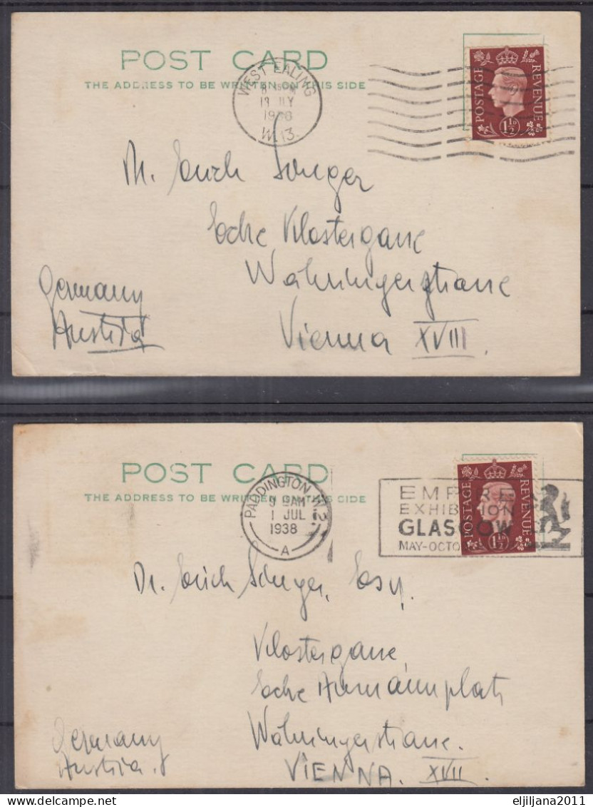 SALE !! 50 % OFF !! Action !! ⁕ United Kingdom 1938 London ⁕ West Ealing & Paddington To Vienna ⁕ 2v Used Postcards - Brieven En Documenten