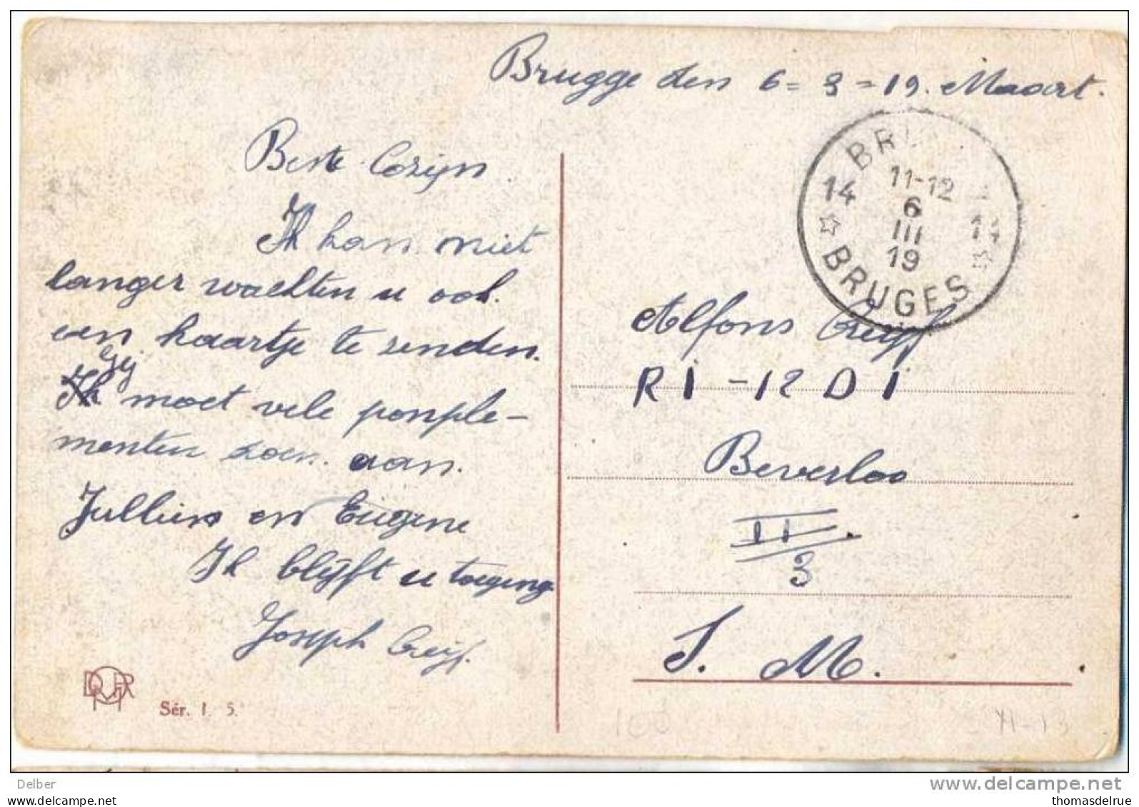 _N977:kaart  Als S.M. Verstuurd Uit:14* BRUGGE 14* BRUGES: Noodstempel (= Postagentschap - Sterstempel)>Beverloo - Fortuna (1919)