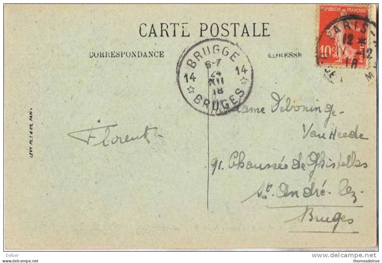 _N970:franse Kaart  Met 10 Ct Semeuse  > 14* BRUGGE 14* BRUGES: Noodstempel (= Postagentschap - Sterstempel) - Fortuna (1919)