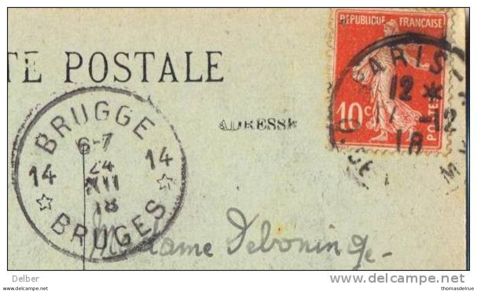 _N970:franse Kaart  Met 10 Ct Semeuse  > 14* BRUGGE 14* BRUGES: Noodstempel (= Postagentschap - Sterstempel) - Foruna (1919)