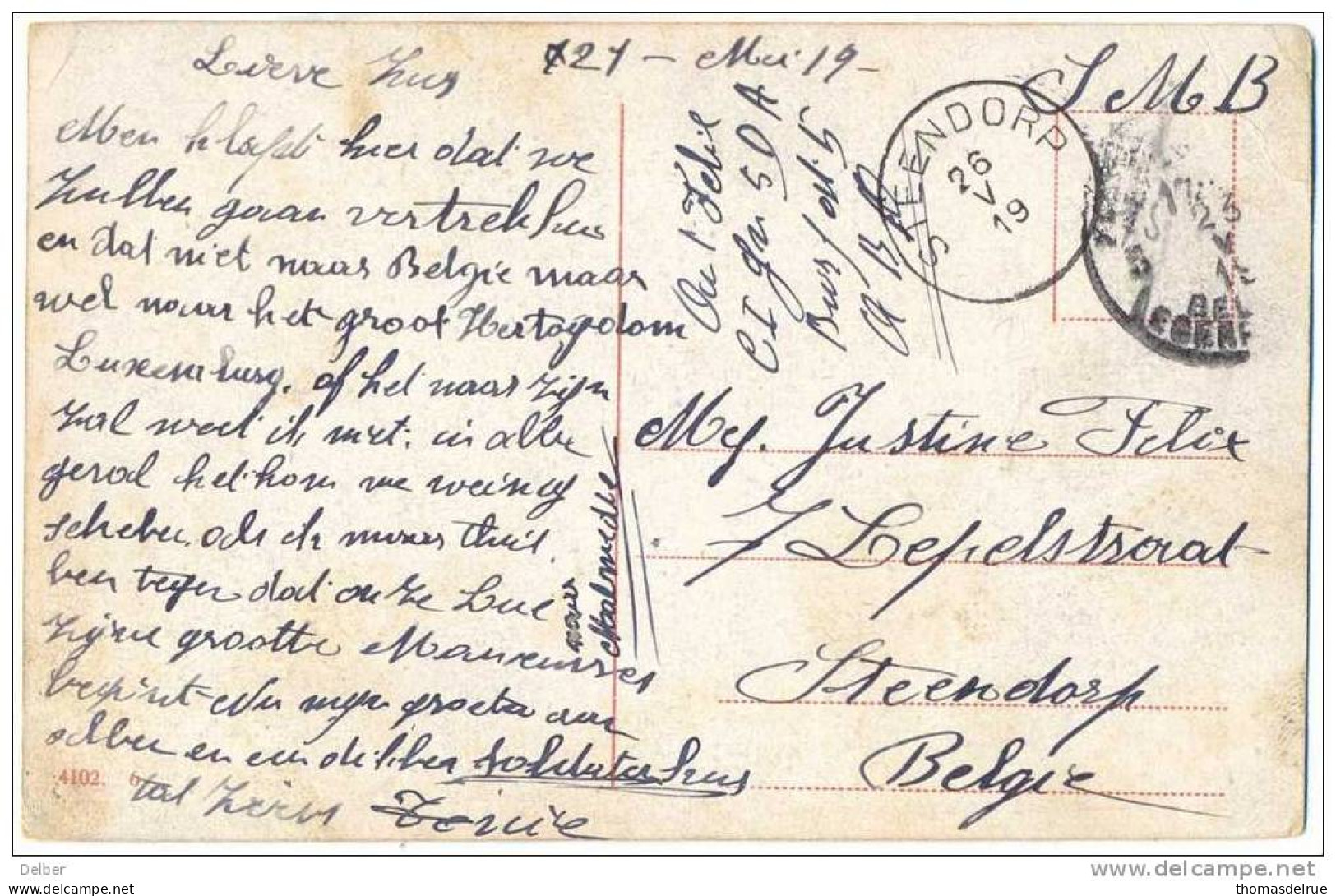 _L979: Fantasiekaart Als S.M. :5 PMB-BLP 5 > STEENDORP: Aankomst: NOODSTEMPEL : Gewijzigd Datummidden: 26 V 19 - Fortune (1919)