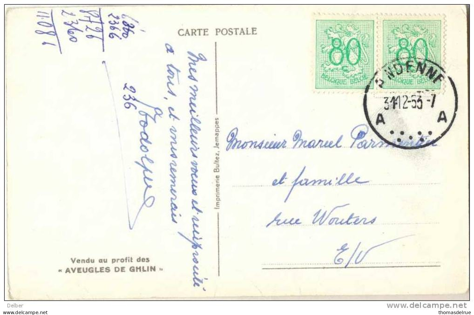 _G321: Fantasiekaart: N°857 In Paar:  A ANDENNE A  > E/V - 1951-1975 Heraldieke Leeuw