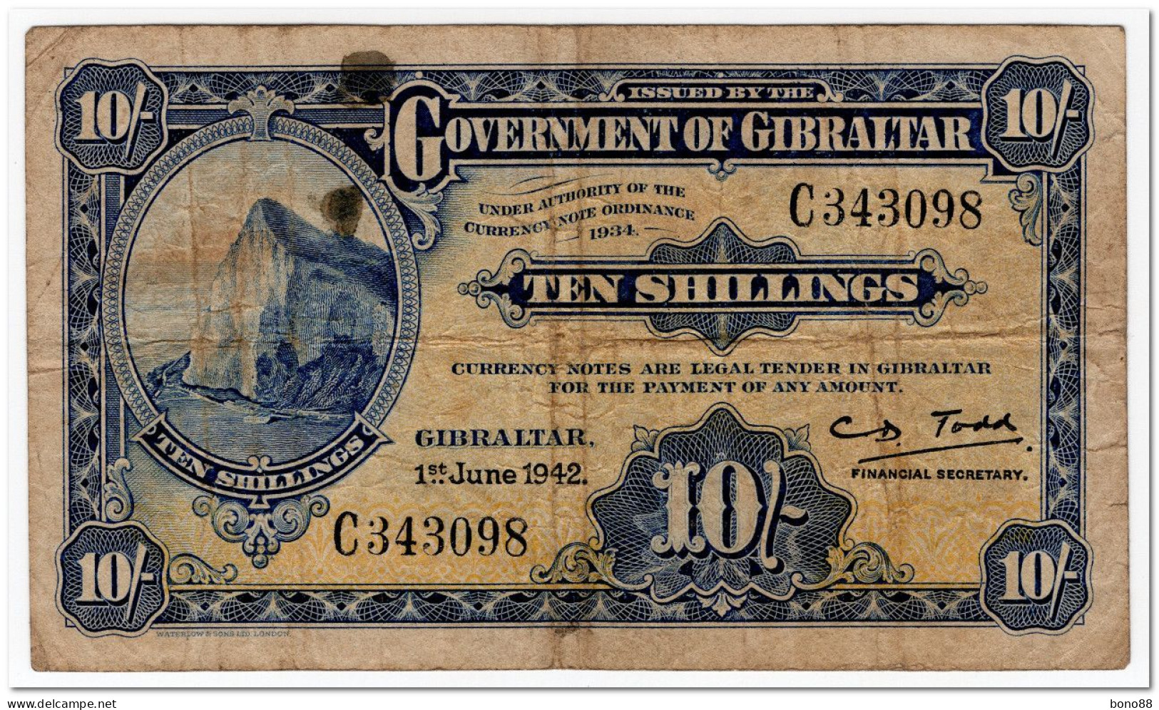 GIBRALTAR,10 SHILLINGS,1942,P.14b,FINE - Gibilterra