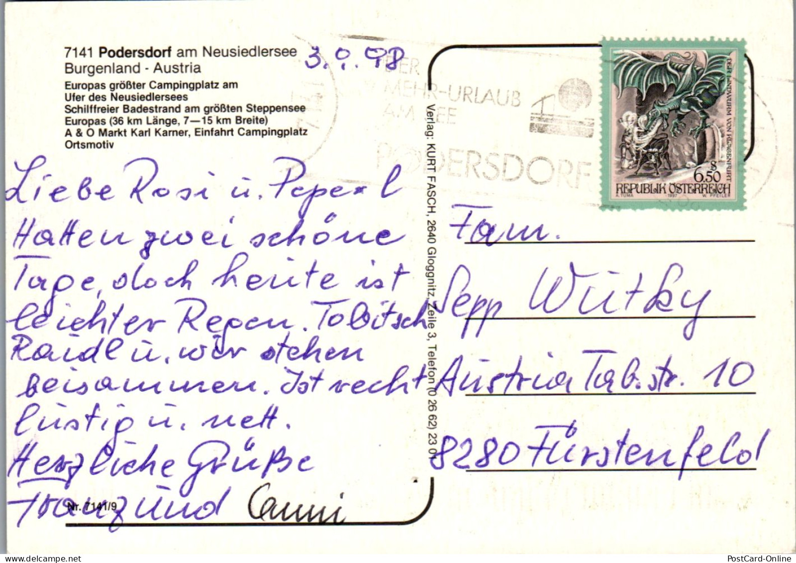 46979 - Burgenland - Podersdorf , Camping Am Neusiedlersee , Mehrbildkarte - Gelaufen 1998 - Neusiedlerseeorte