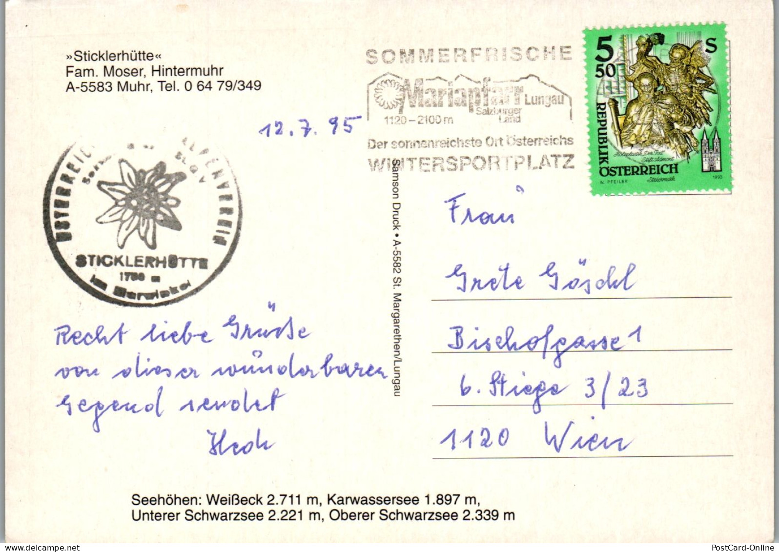 46590 - Salzburg - Muhr , Sticklerhütte , Fam. Moser , Hintermuhr , Weißeck , Karwassersee , Schwarzsee - Gelaufen 1995 - Tamsweg