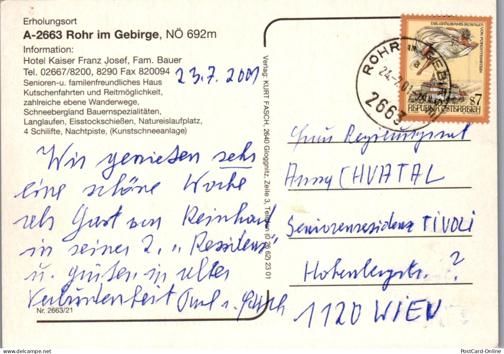 46581 - Niederösterreich - Rohr Im Gebirge , Hotel Kaiser Franz Josef , Fam. Bauer - Gelaufen 2001 - Wiener Neustadt