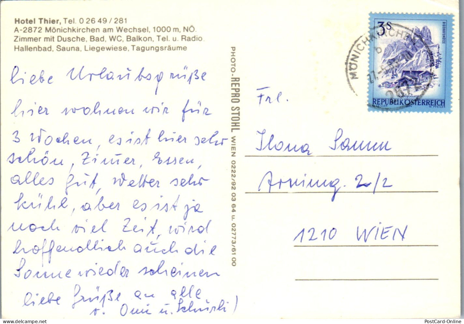 47095 - Niederösterreich - Mönichkirchen , Am Wechsel , Hotel Thier - Gelaufen 1983 - Neunkirchen