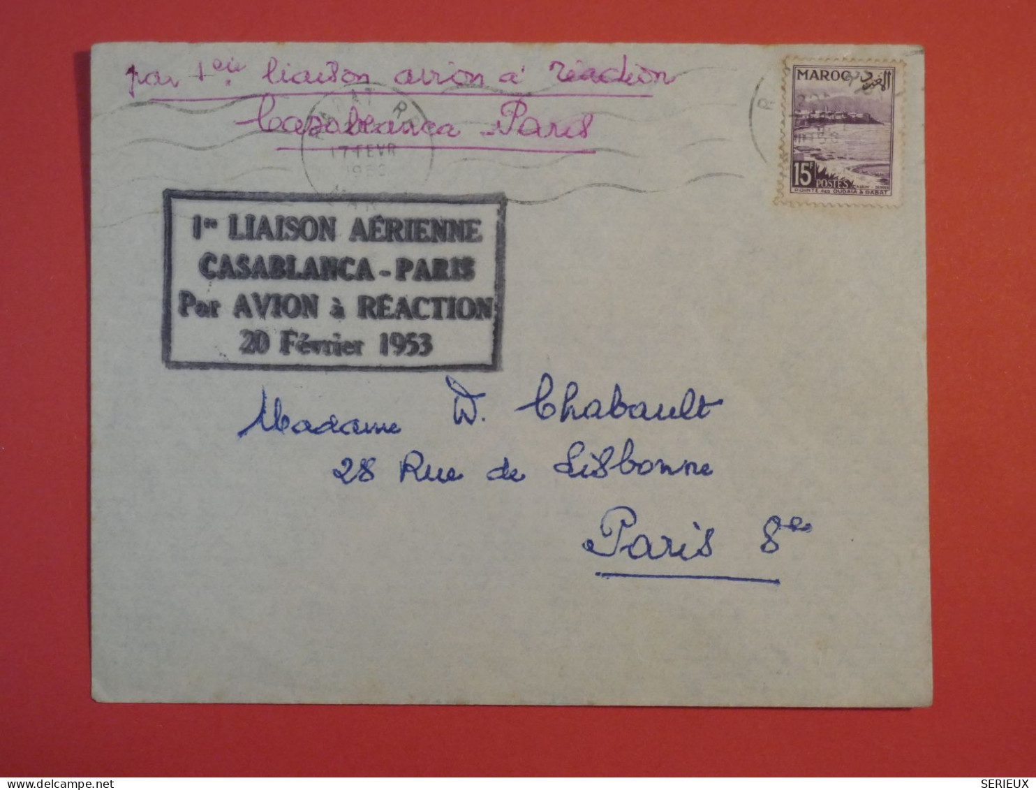 N32 MAROC   BELLE LETTRE  1953  1ER VOL REACTION  CASABLANCA  A  PARIS FRANCE  + +AFF. INTERESSANT+++ - Airmail