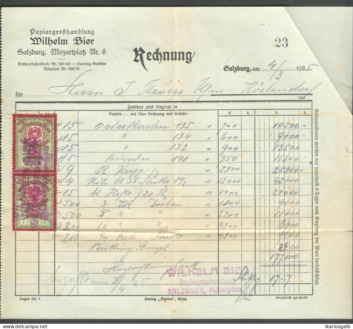 Österreich SALZBURG 1925 Deko Rechnung + 2 Fiskalmarken Fa Wilhelm Bier Papiergroßhandlung Mozartplatz 6 - Austria