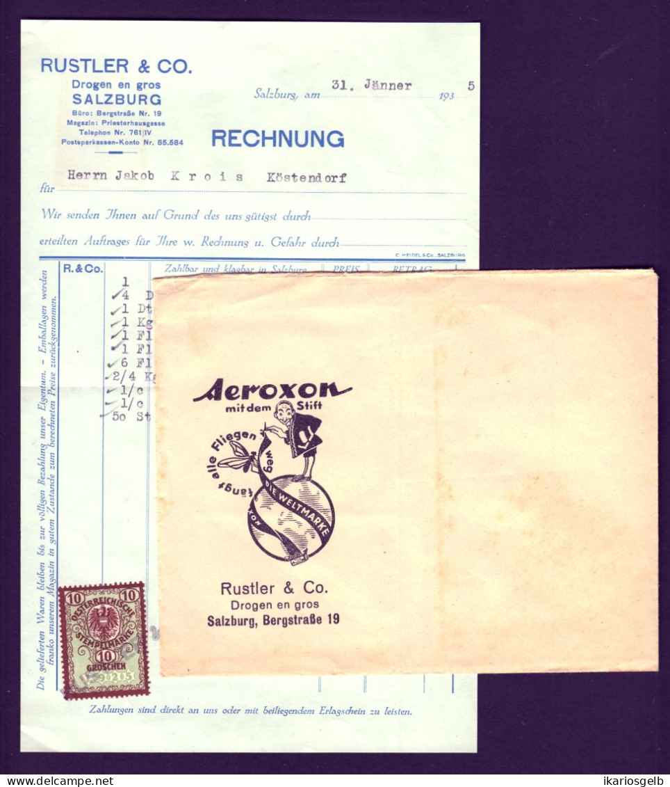 Österreich SALZBURG 1935 Deko Rechnung + Fiskalmarke + Deko Aerosol-Versandumschlag Fa Rustler&Co Drogen Bergstr.19 - Autriche