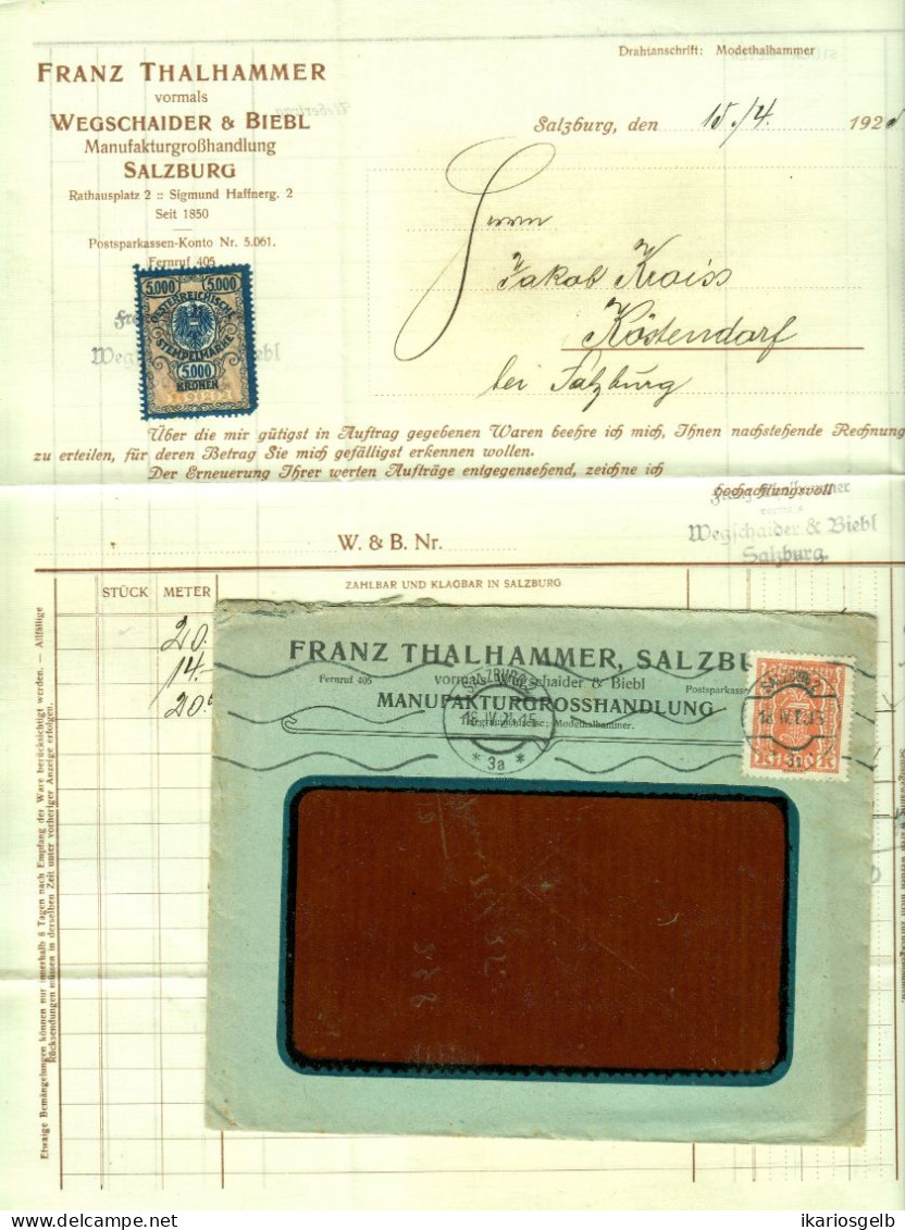 Österreich SALZBURG 1925 Deko Rechnung + Fiskalmarke + Versandumschlag Fa Franz Thalhammer Textilgroßhandlung Rathauspl. - Oostenrijk