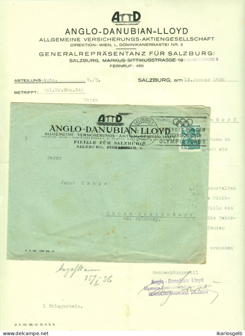 Österreich SALZBURG 1936 Deko Rechnung + Versandumschlag Fa Anglo Danubian Lloyd Versicherung Bismarckstr.8 - Oostenrijk