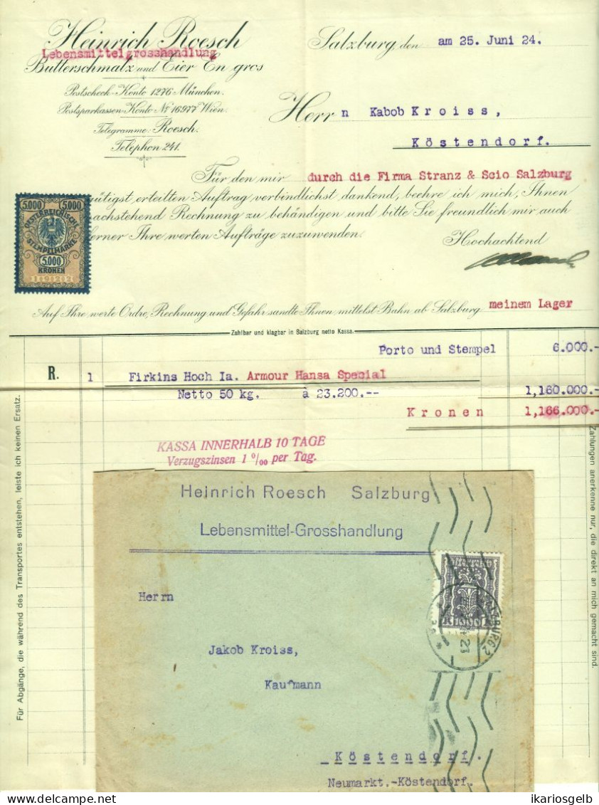 Österreich SALZBURG 1922 Deko Rechnung + Fiskalmarke + Versandumschlag Fa Heinrich Roesch Butterschmalz Und Eier - Austria