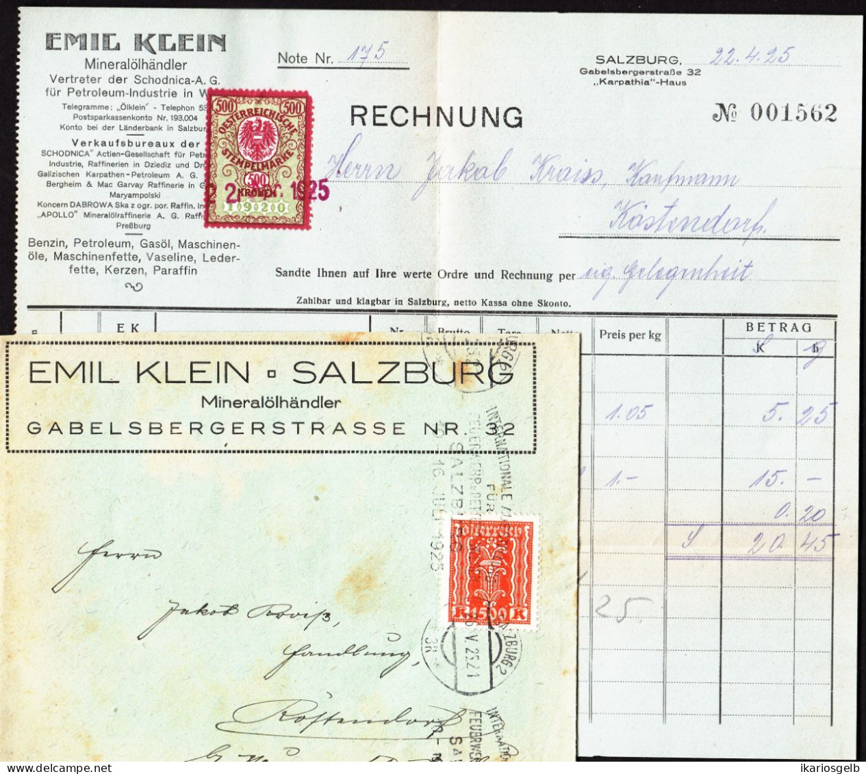 Österreich SALZBURG 1925 Deko Rechnung  + Fiskalmarke +Versandumschlag Fa Emil Klein Mineralölhändler Gabelsbergerstr.32 - Austria