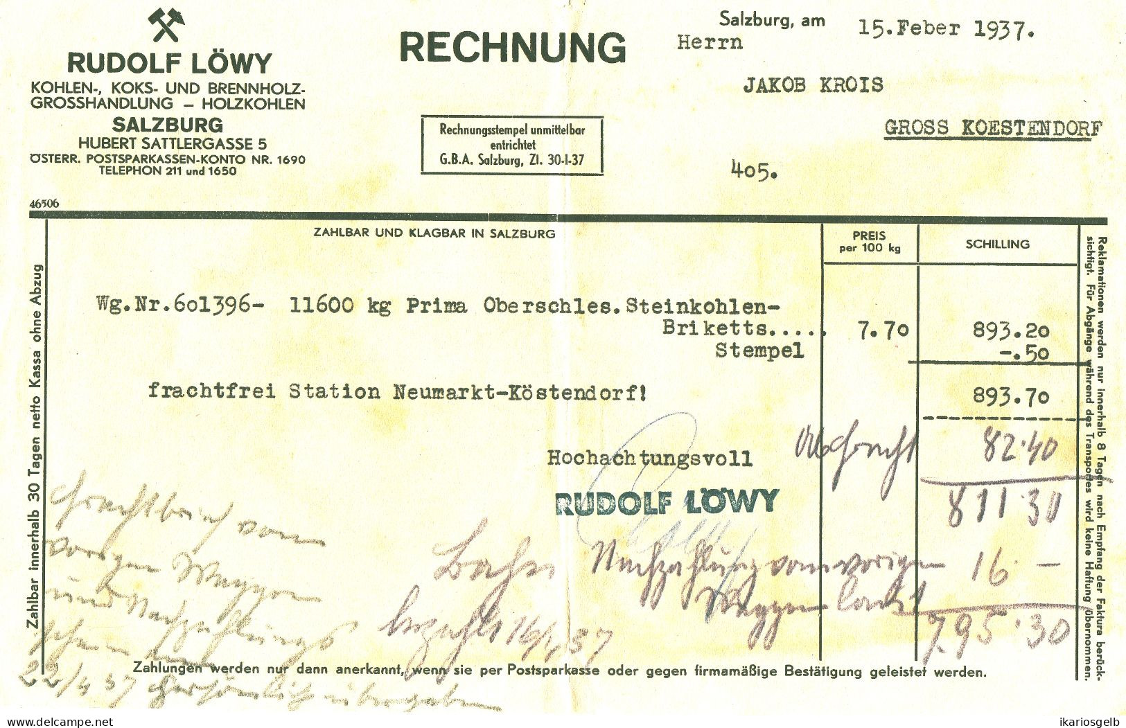 Österreich SALZBURG 1937 Deko Rechnung Fa Rudolf Löwy Kohlengroßhandlung Hubert Sattlergasse 8 - Austria