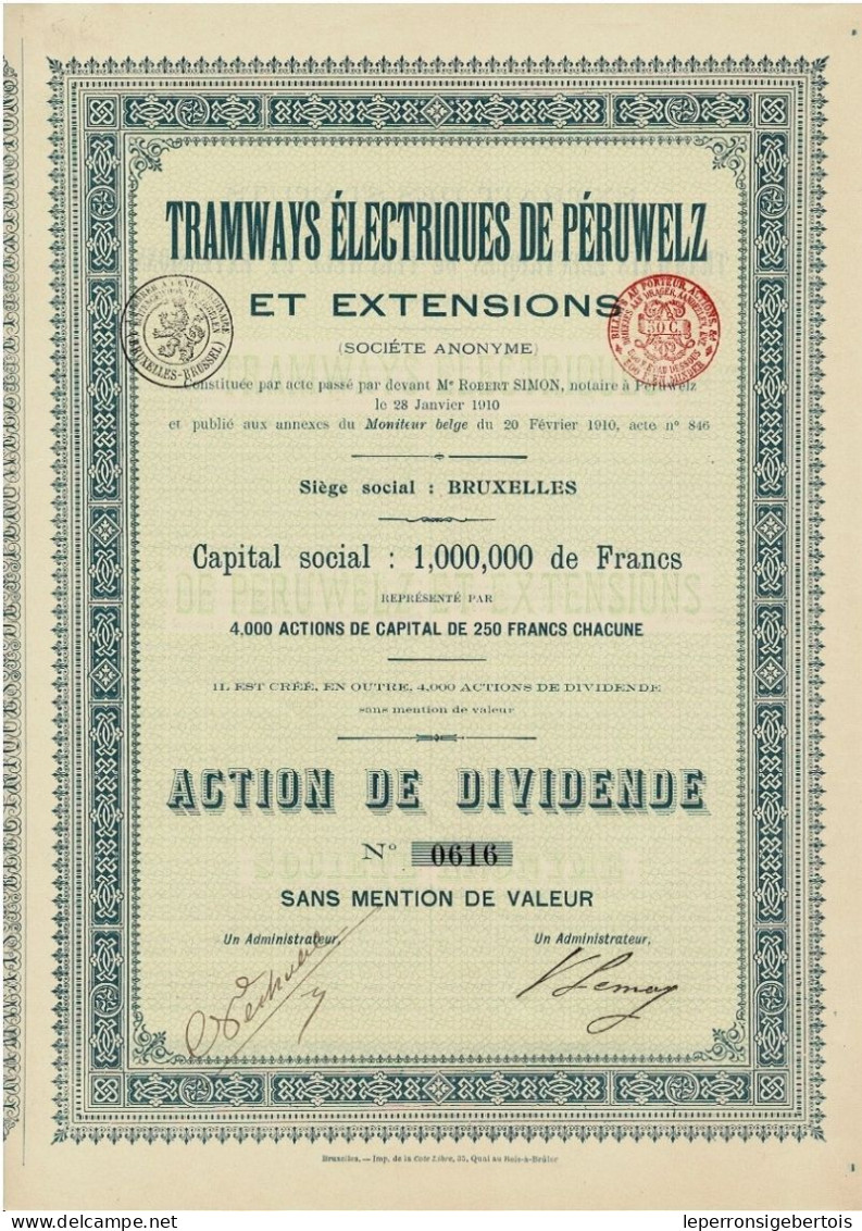 - Titre De 1910 - Tramways Electriques De Péruwelz Et Extensions - - Chemin De Fer & Tramway