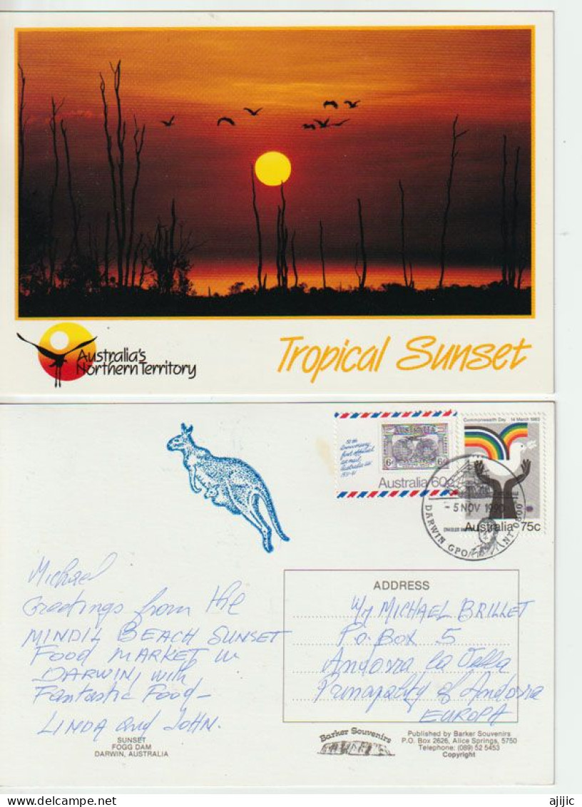 Greetings From The Mindil Beach Food Market In Darwin. Postcard Darwin Addressed To ANDORRA, (Principality) 2 PICS - Darwin