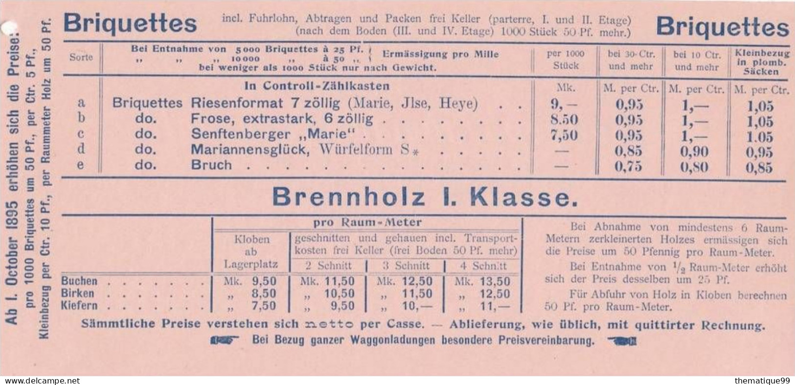 Entier postal poste locale de Berlin provenant d'un carnet avec publicités du carnet (1897): bois charbon coke chauffage