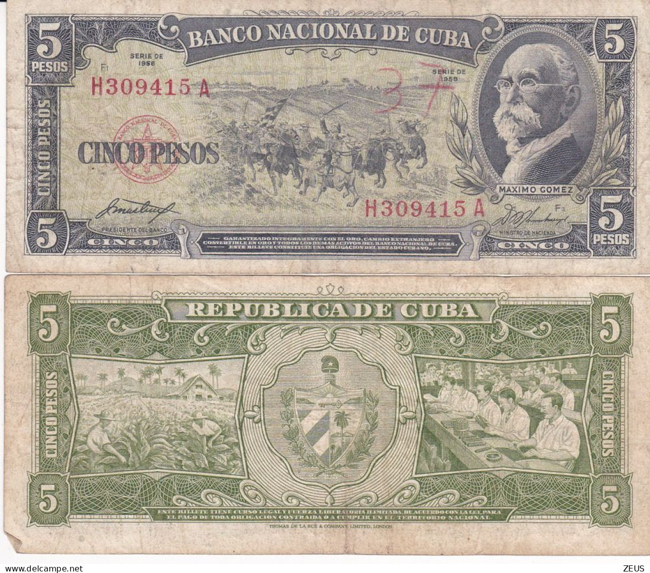 CUBA 5 PESOS  1958 P91A MB - Cuba