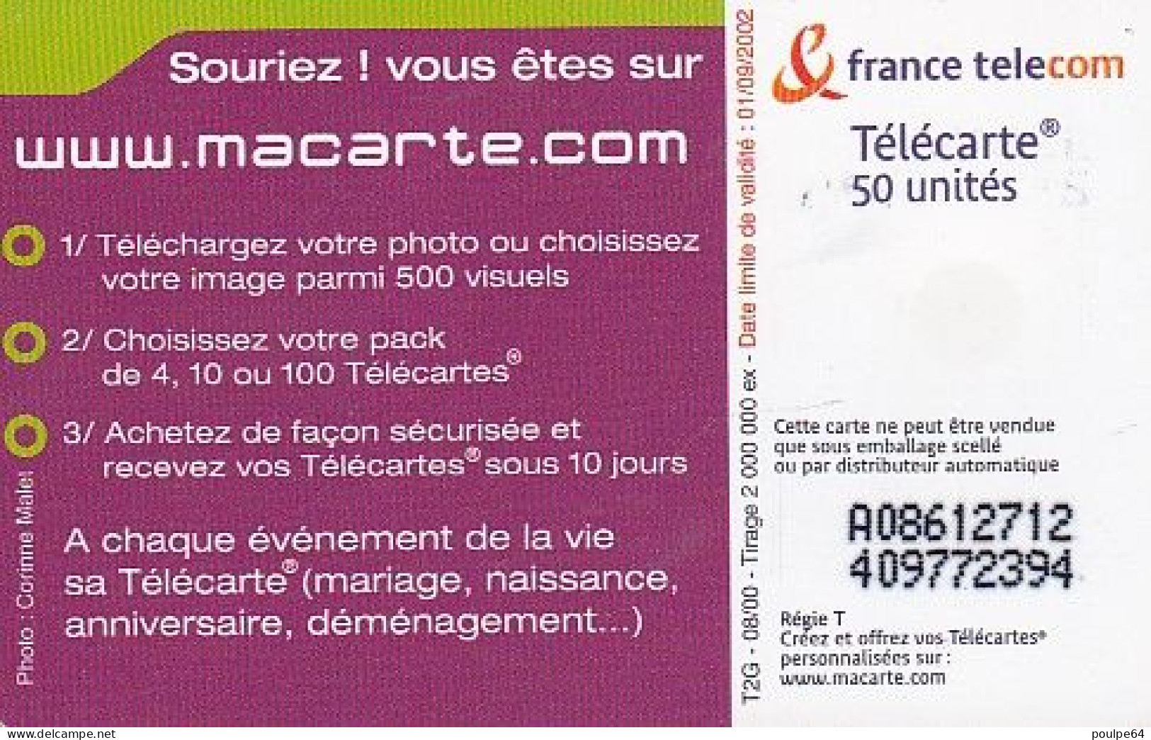 F1081  08/2000 - WWW.MACARTE. COM - 50 SO3 - (verso : N° Centrés - Deux Lignes Alignées) - 2000