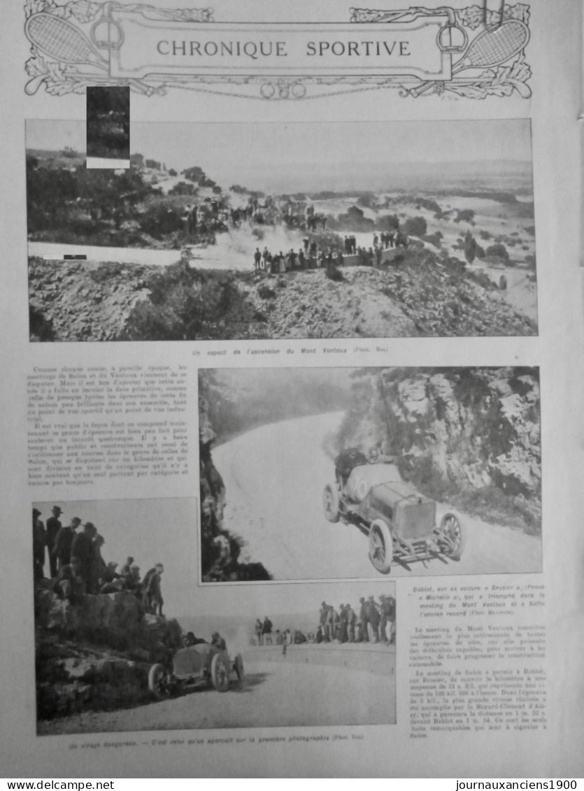 1908 COURSE VOITURE ASCENSION MONT VENTOUX NEIGE COL BABLOT VAINQUEUR  1 JOURNAL ANCIEN - Historische Dokumente