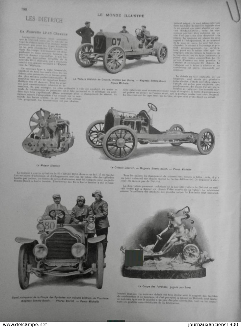 1905 COURSE VOITURE DIETRICH COUPE PYRENEES SOREL VICTOIRE 1 JOURNAL ANCIEN - Historische Dokumente