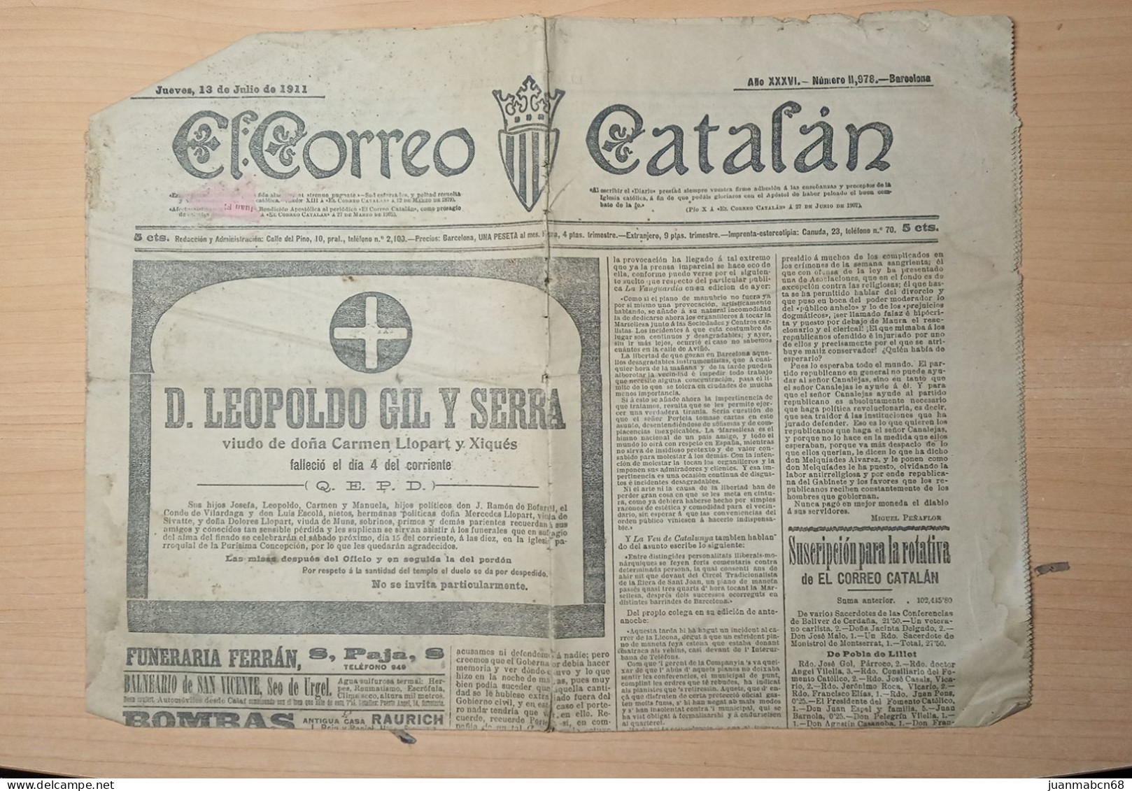 Ejemplar De El Correo Catalan 13 Julio 1911 - [1] Jusqu' à 1980