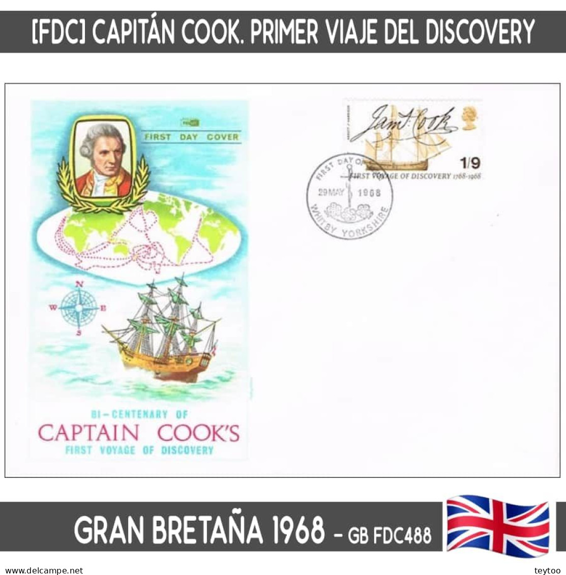 D0121# Gran Bretaña 1968. FDC Captain Cook's Endeavour (N) - 1952-1971 Em. Prédécimales