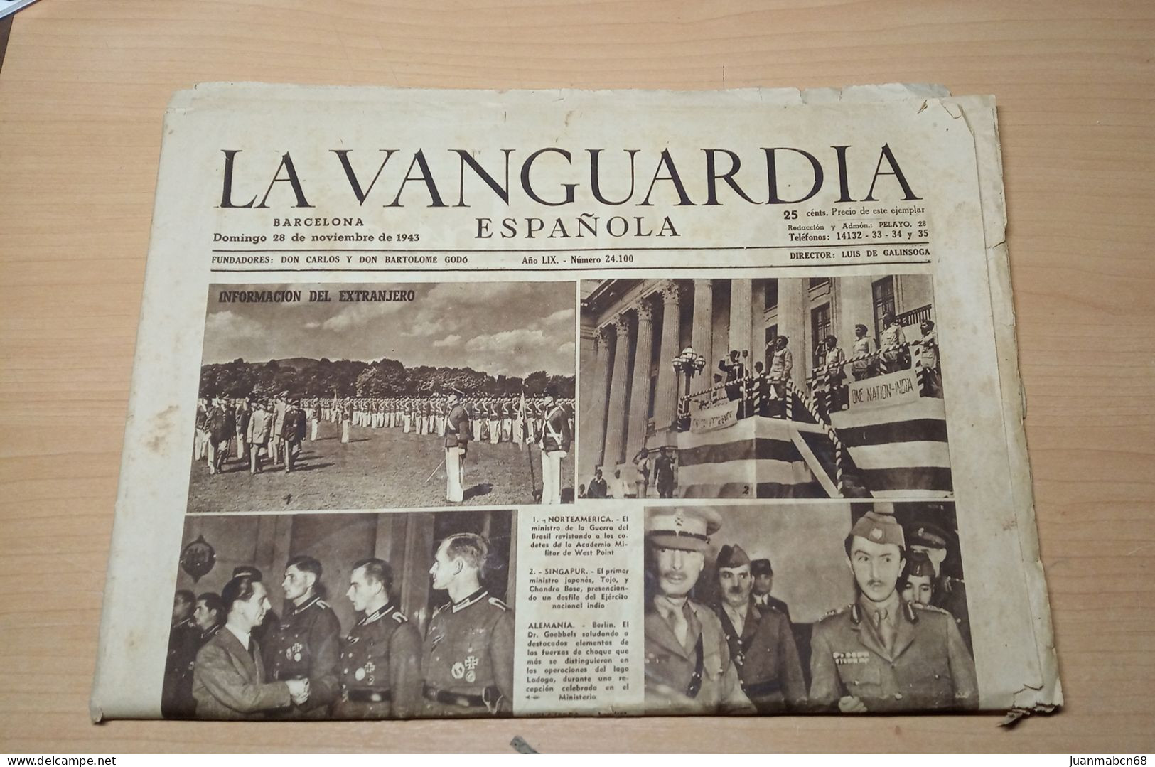 Ejemplar De La Vanguardia Nº 24.100 (28 Noviembre 1943) - [1] Until 1980