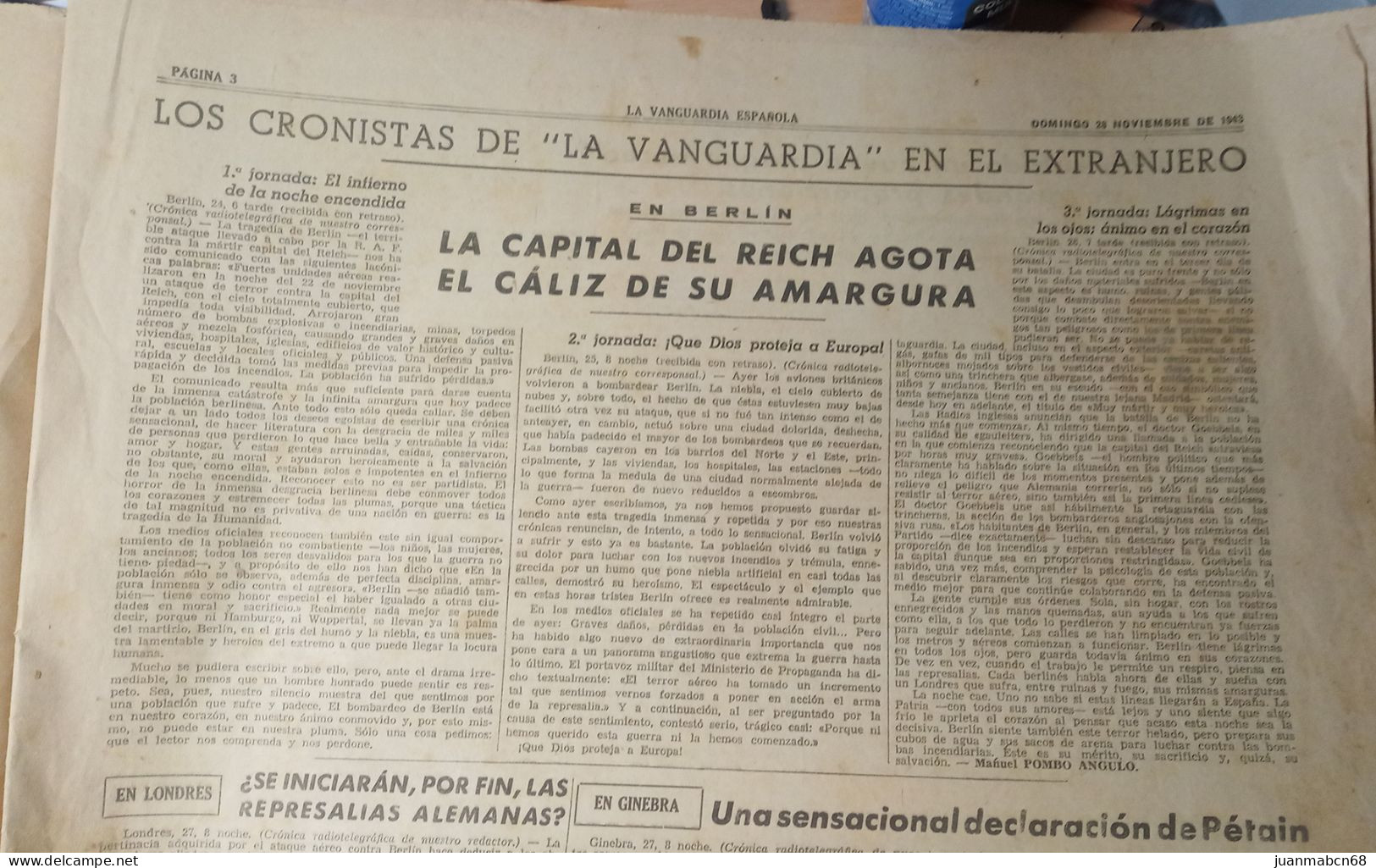 Ejemplar De La Vanguardia Nº 24.100 (28 Noviembre 1943) - [1] Fino Al 1980