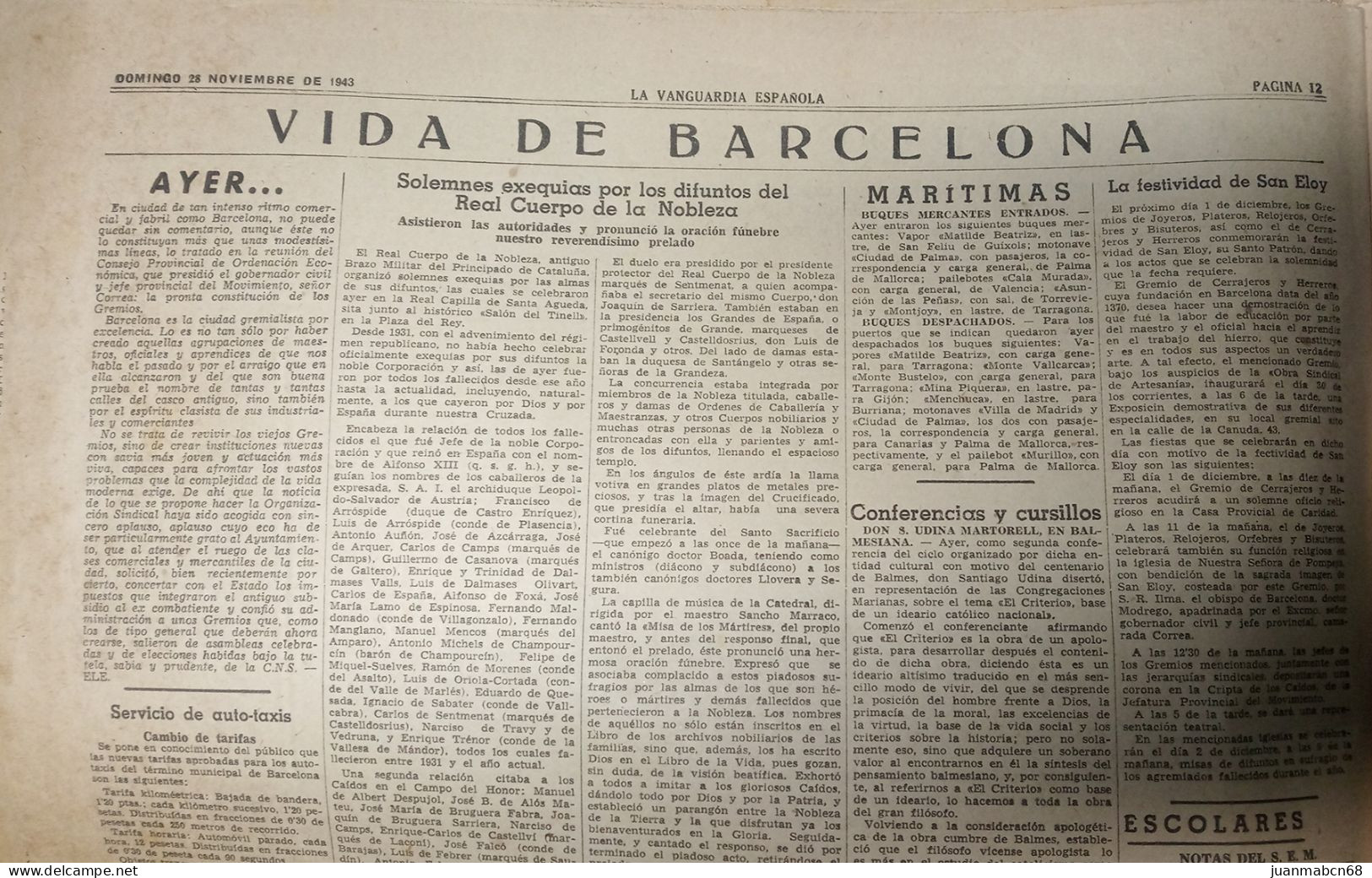 Ejemplar De La Vanguardia Nº 24.100 (28 Noviembre 1943) - [1] Fino Al 1980