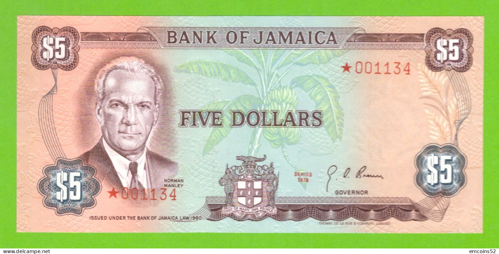 JAMAICA 5 DOLLARS 1978 P-61a/CS3  UNC STAR - Jamaique