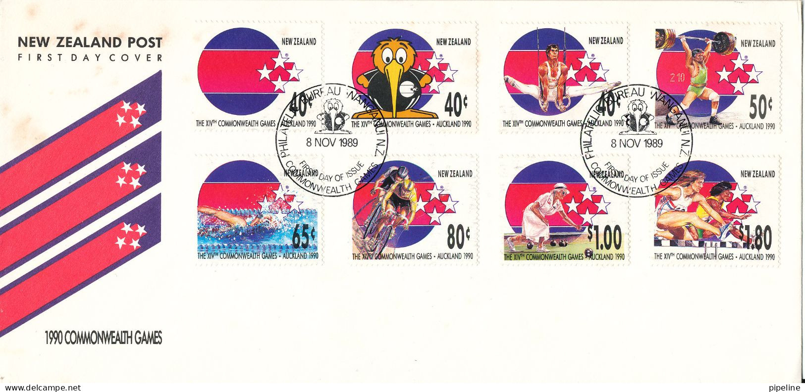 New Zealand FDC 8-11-1989 Commonwealth Games 1990 Complete Set Of 8 With Cachet - FDC
