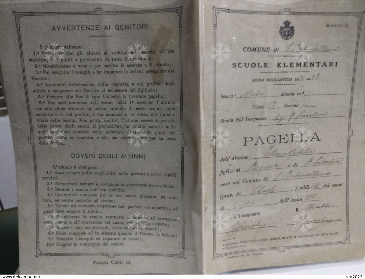 School Report Pagella Scolastica SAN PIETRO AVELLANA Isernia 1921-1922 - Diplômes & Bulletins Scolaires