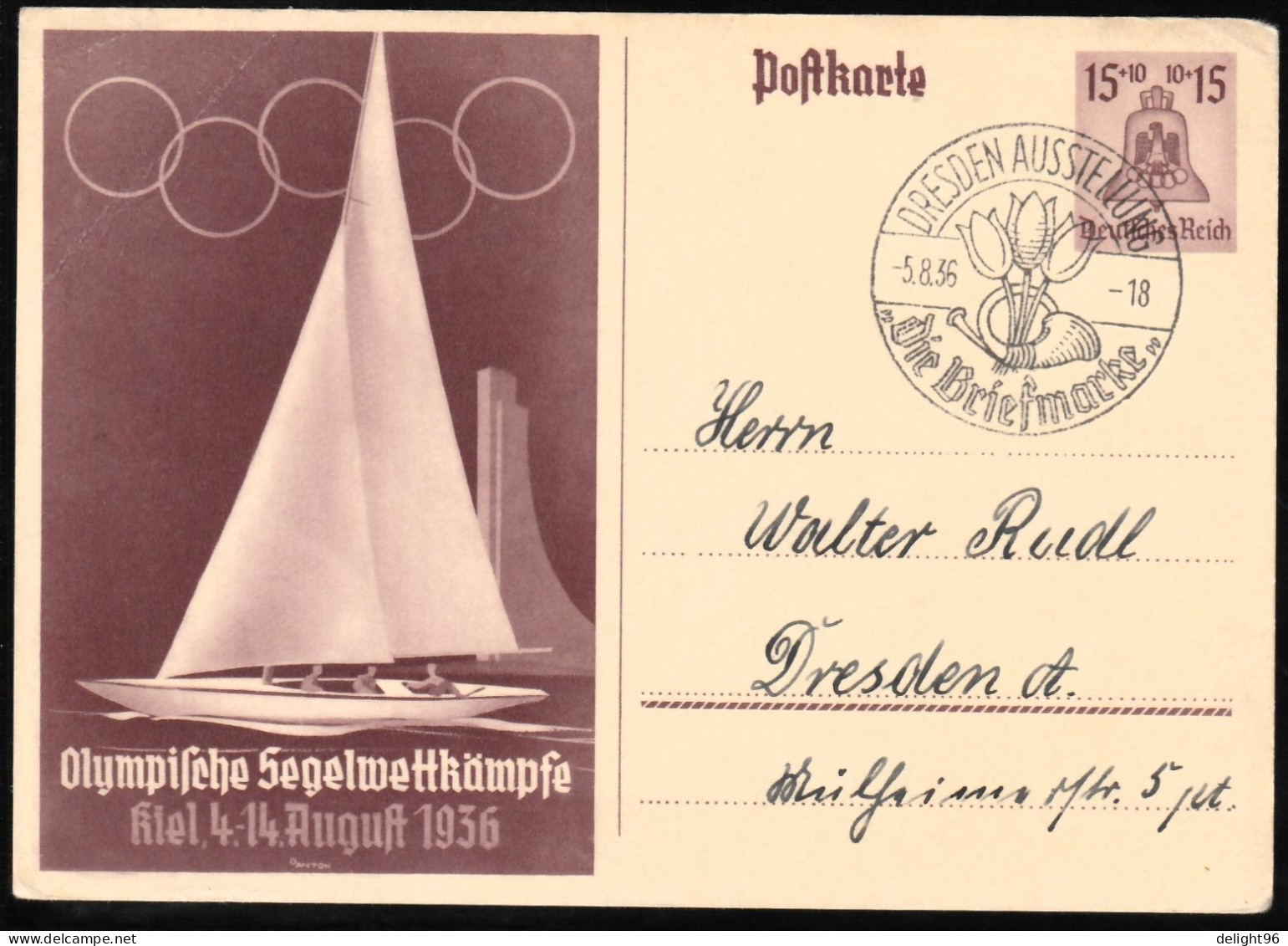 1936 Germany Summer Olympic Games Sailing Races In Kiel Postally Travelled PSC With Commemorative Cancellation - Summer 1936: Berlin