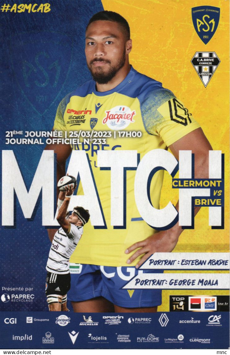 Programme Match Top 14 : AS Clermont Auvergne / CA Brive Corrèze - Rugby
