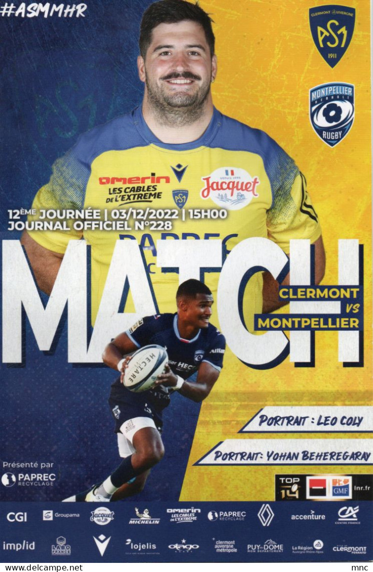 Programme Match Top 14 : AS Clermont Auvergne / Montpellier Hérault Rugby - Rugby