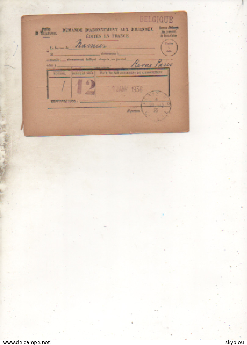 Carte Demande D'abonnement Aux Journaux édités En France - Belgique - 1936 - Cachet Paris - 2 Scans - - Periódicos