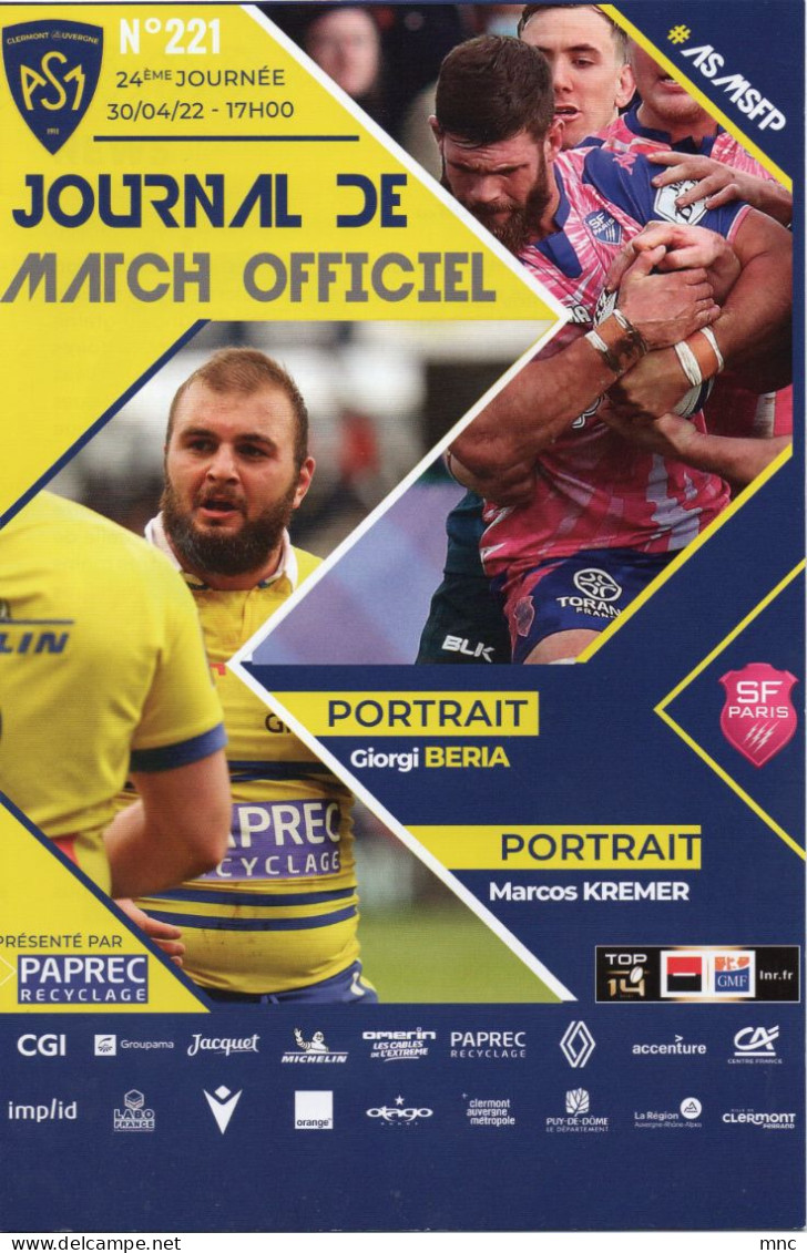 Programme Match Top 14 : AS Clermont Auvergne / Stade Français  30/04/2022 - Rugby