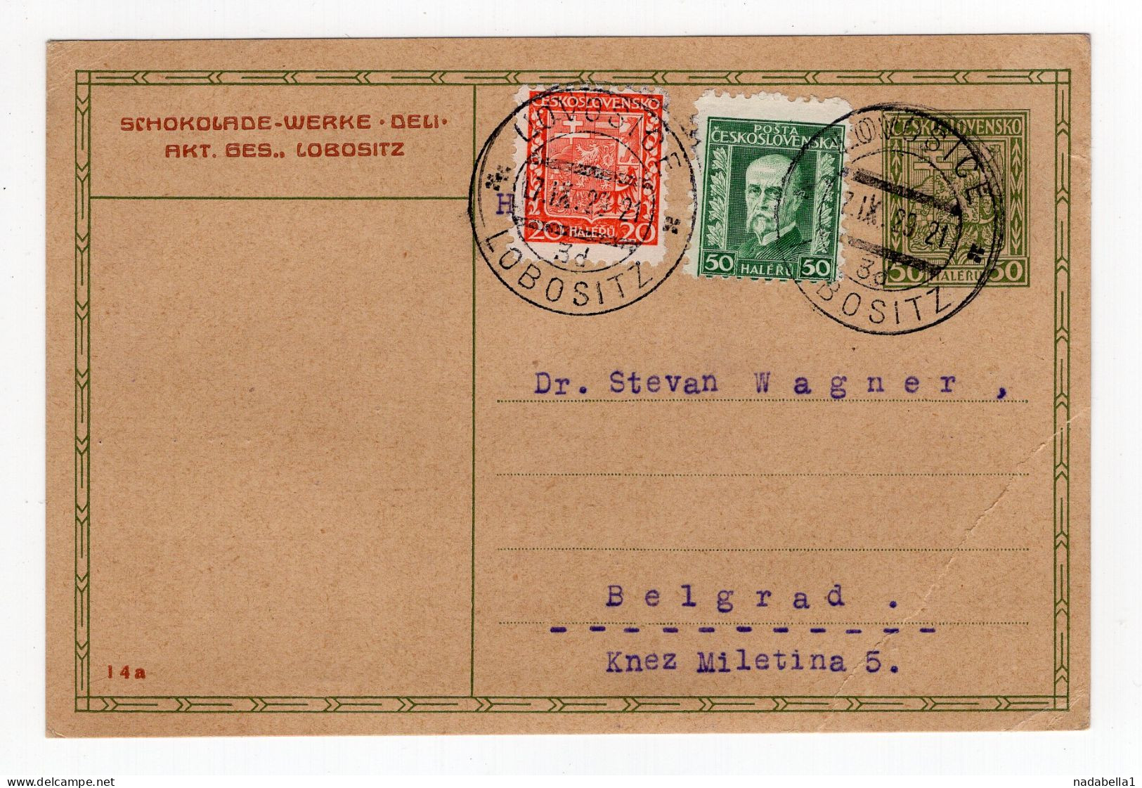 1929. CZECHOSLOVAKIA,LOBOSITZ,STATIONERY CARD TO BELGRADE,YUGOSLAVIA - Cartes Postales