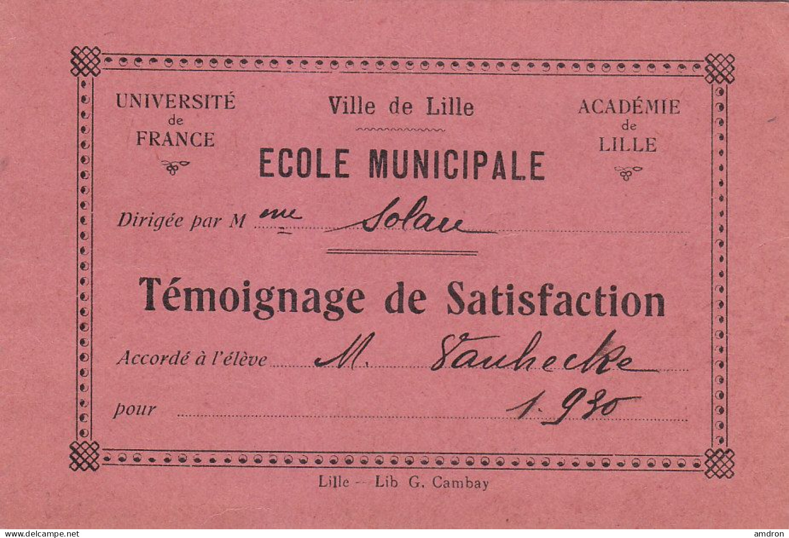 Témoignage De Satisfaction - Ville De Lille - Ecole Municipale - Diplômes & Bulletins Scolaires