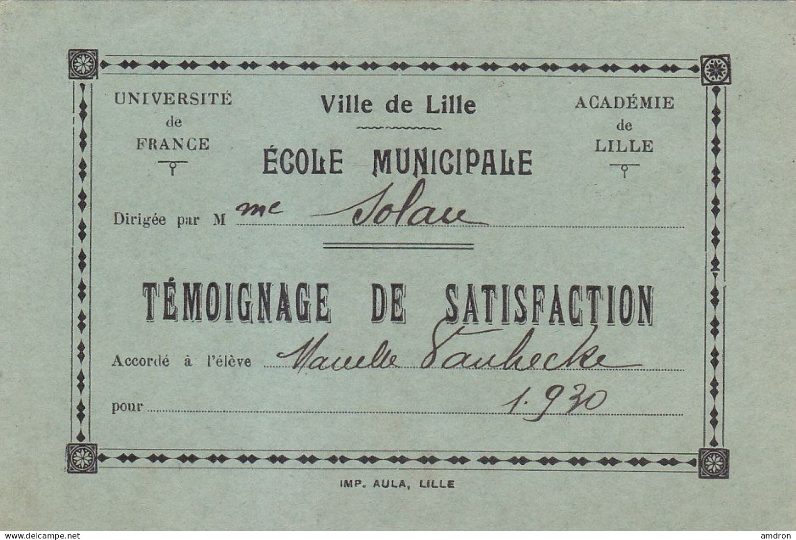 Témoignage De Satisfaction - Ville De Lille - Ecole Municipale - Diplômes & Bulletins Scolaires