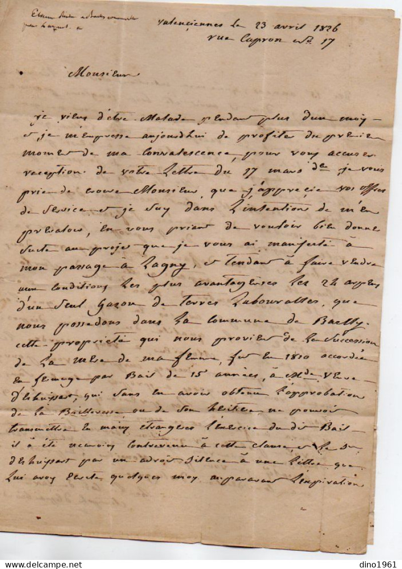 VP22.546 - VALENCIENNES X LAGNY 1826 - Le Cte D'ESPARBES De LUSSAN, Lt Colonel De Cavalerie,Pr à BAILLY - ROMAINVILLIERS - Documenten