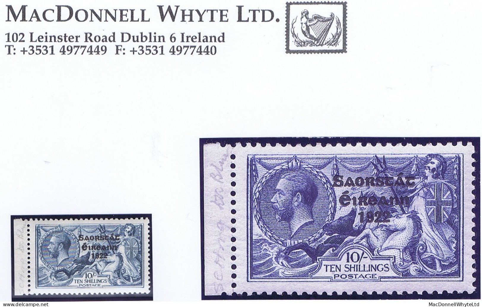 Ireland 1925 Narrow Date Saorstát 3-line Overprint On 10s Blue Left Marginal Fine And Fresh Mint - Ungebraucht