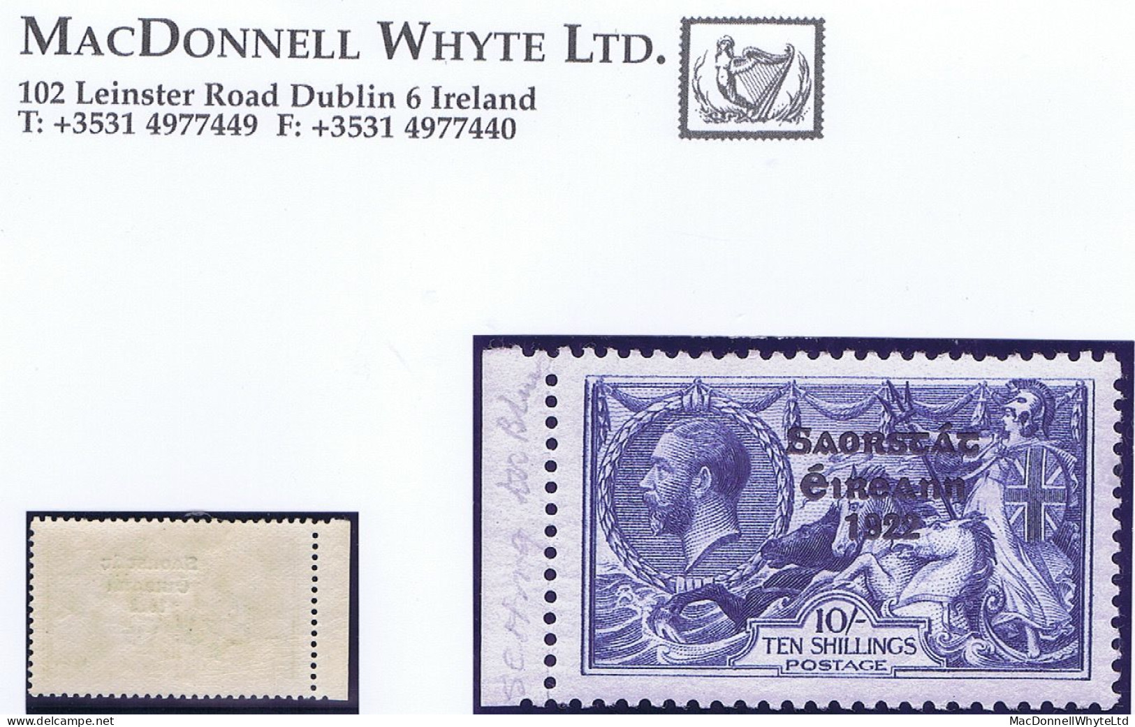 Ireland 1925 Narrow Date Saorstát 3-line Overprint On 10s Blue Left Marginal Fine And Fresh Mint - Nuovi