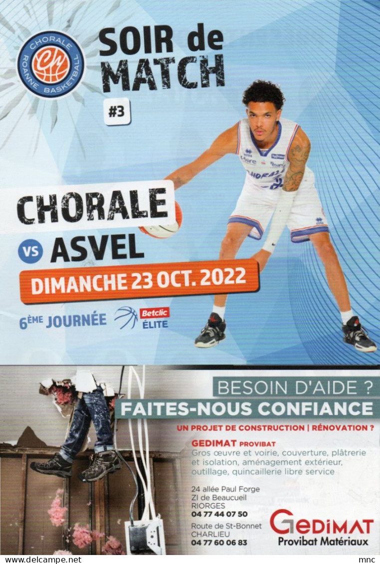 Programme Basket Pro A BETCLIC ELITE CHORALE De ROANNE / ASVEL 2022/2023 - Habillement, Souvenirs & Autres