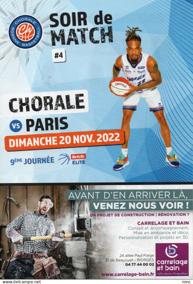 Programme Basket Pro A BETCLIC ELITE CHORALE De ROANNE / PARIS BASKET 2022/2023 - Bekleidung, Souvenirs Und Sonstige