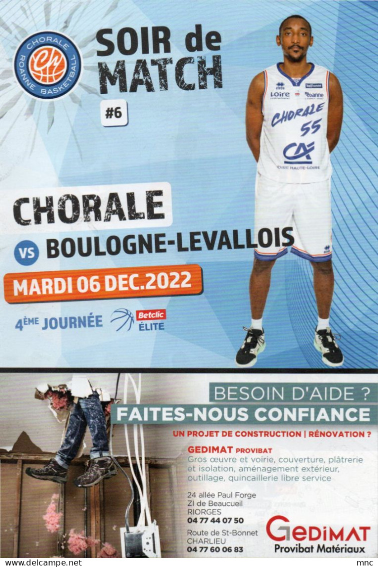 Programme Basket Pro A BETCLIC ELITE CHORALE De ROANNE / BOULOGNE LEVALLOIS 2022/2023 - Bekleidung, Souvenirs Und Sonstige