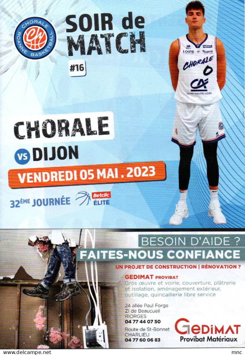 Programme Basket Pro A BETCLIC ELITE CHORALE De ROANNE / DIJON 2022/2023 - Apparel, Souvenirs & Other