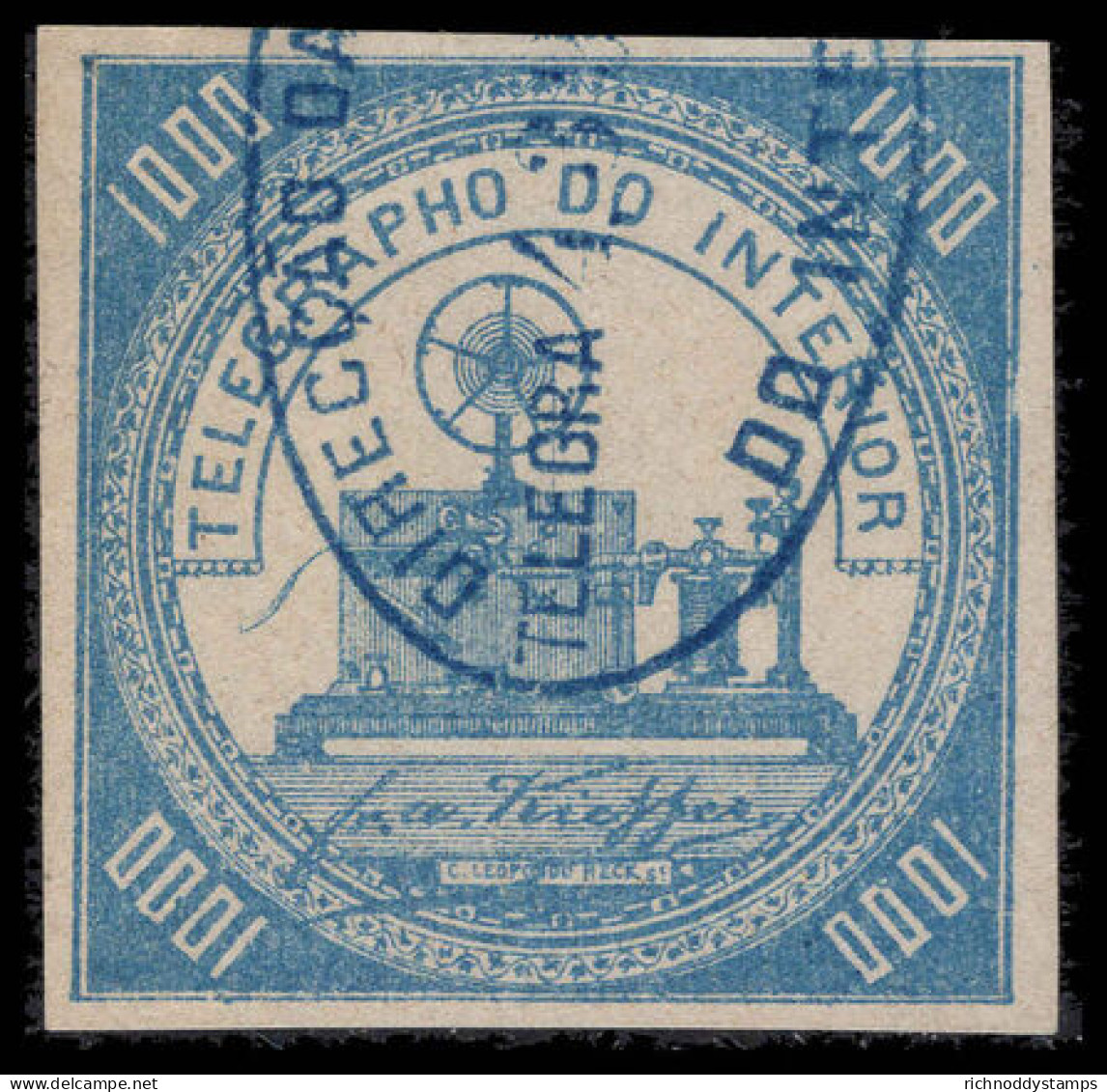 Brazil 1869 1000r Light Blue Telegraph Without Control Fine Used. - Gebruikt